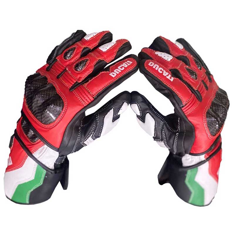 Ducati MotoGP leather racing gloves with carbon fiber knuckle protection by Jackets Kingdom