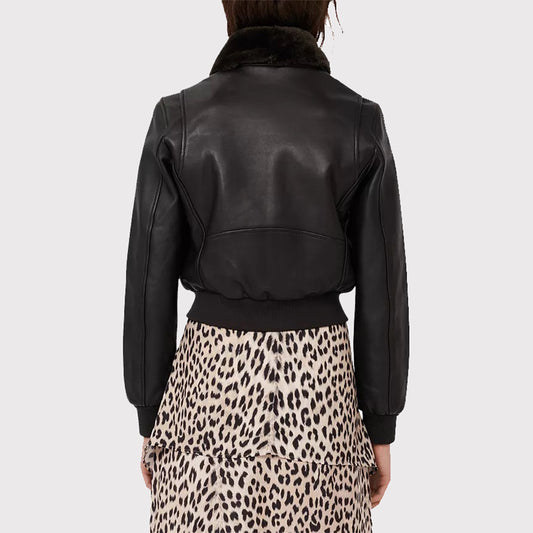 Elegant Women's Black Leather Shearling Collar Jacket