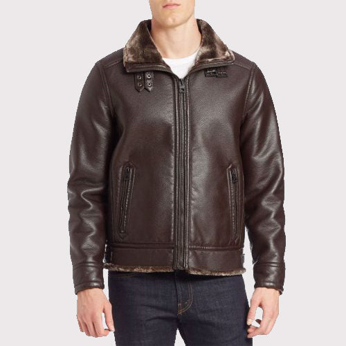 Faux Fur-Lined Brown Leather Bomber Jacket Faux Fur-Lined Brown Leather Bomber Jacket