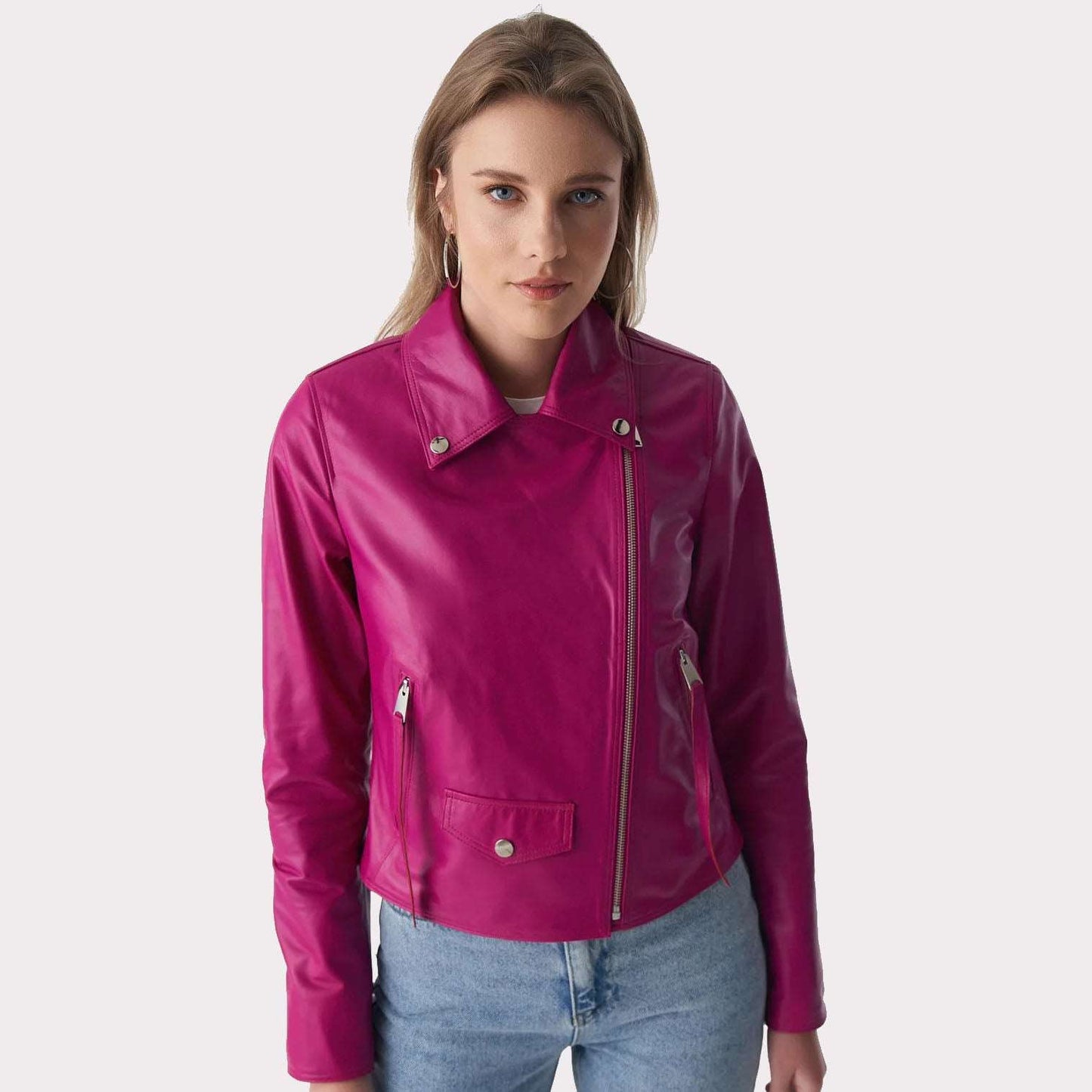 Fuchsia Nappa Leather Women's Classic Biker Jacket