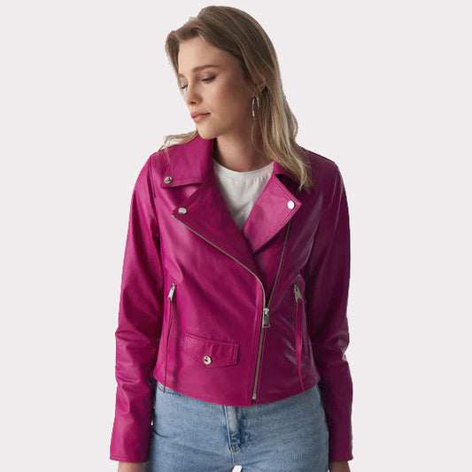 Fuchsia Nappa Leather Women's Classic Biker Jacket