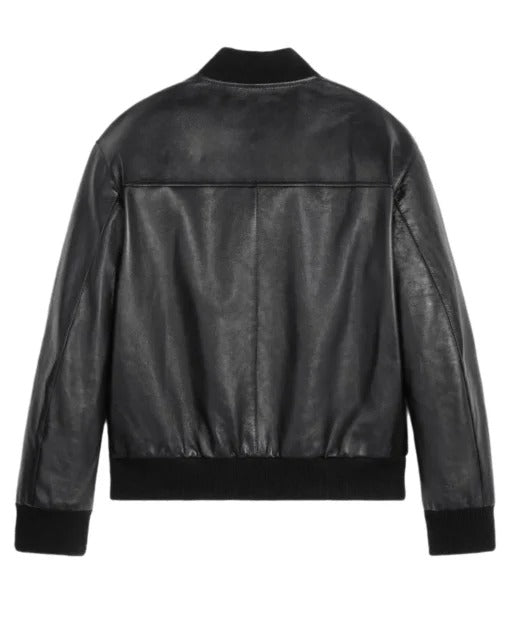 Genuine Leather Black Zip-Up Bomber Jacket
