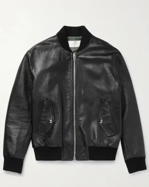 Genuine Leather Black Zip-Up Bomber Jacket Genuine Leather Black Zip-Up Bomber Jacket