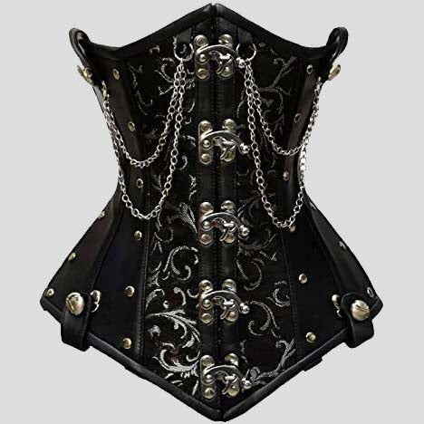 Goel Silver Brocade & Faux Leather Underbust Corset With Chain Details Goel Silver Brocade & Faux Leather Underbust Corset With Chain Details