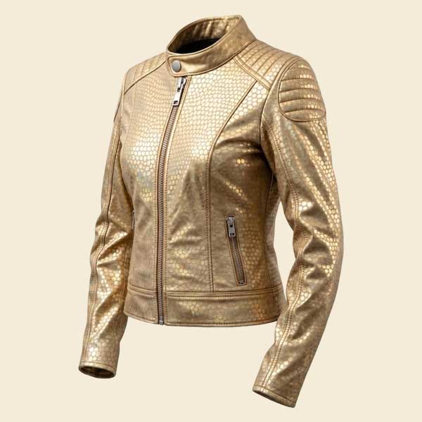 Gold Faux Leather Jacket Women Metallic Biker Moto style