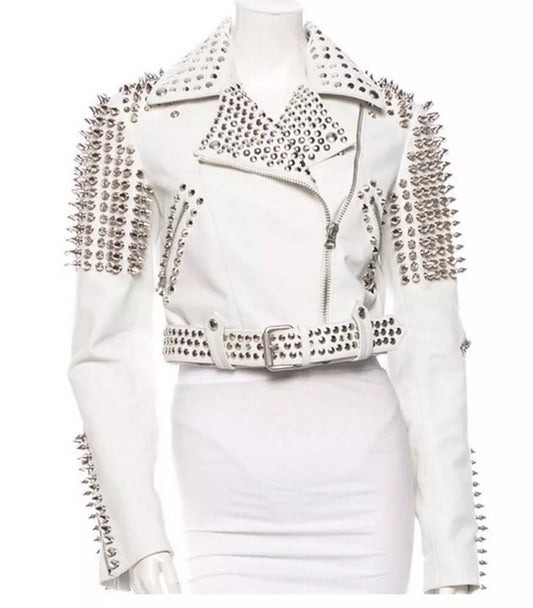 Women’s Premium White Gothic Leather Jacket with Silver Studs gothic silver studded jacket