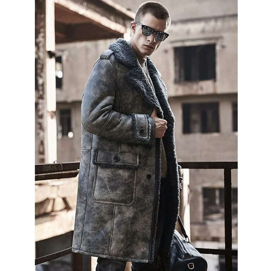 Elegant Gray B3 Shearling Jacket Long Sheepskin Coat