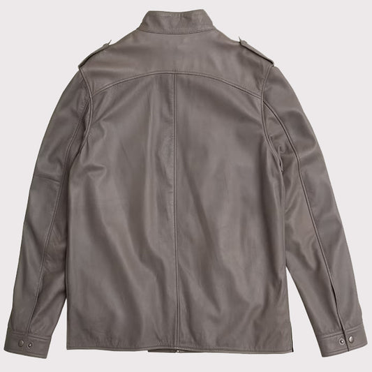 gray german style lambskin leather bomber jacket