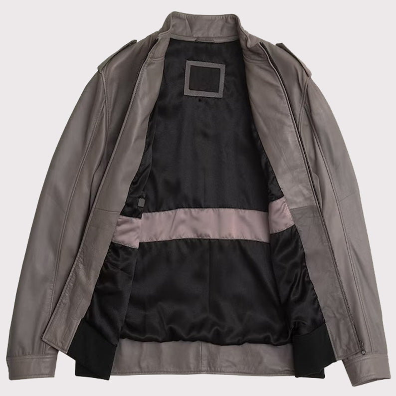Gray German Style Lambskin Leather Bomber Jacket