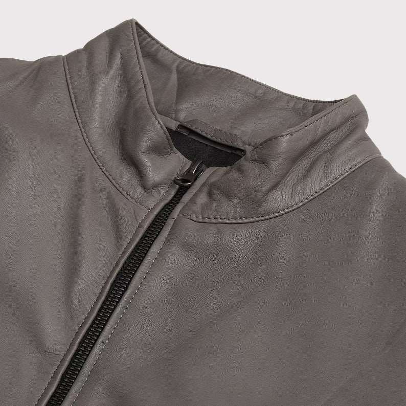 Gray German Style Lambskin Leather Bomber Jacket
