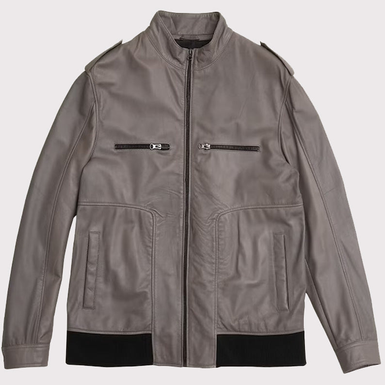 Gray German Style Lambskin Leather Bomber Jacket