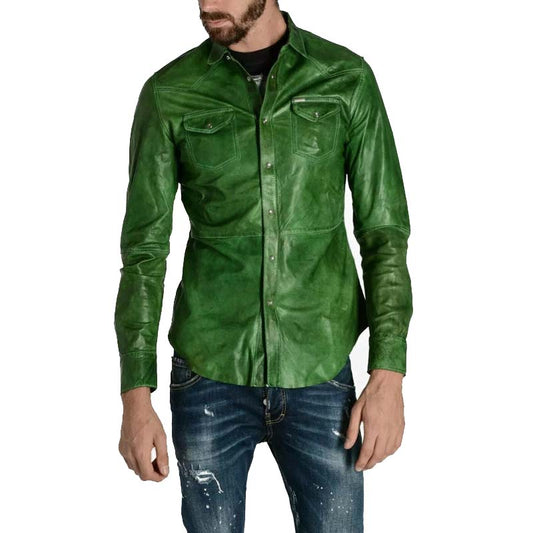 Men's Green Napa Lamb Leather Biker Shirt with Full Sleeves Green Napa Lamb Leather Biker Shirt