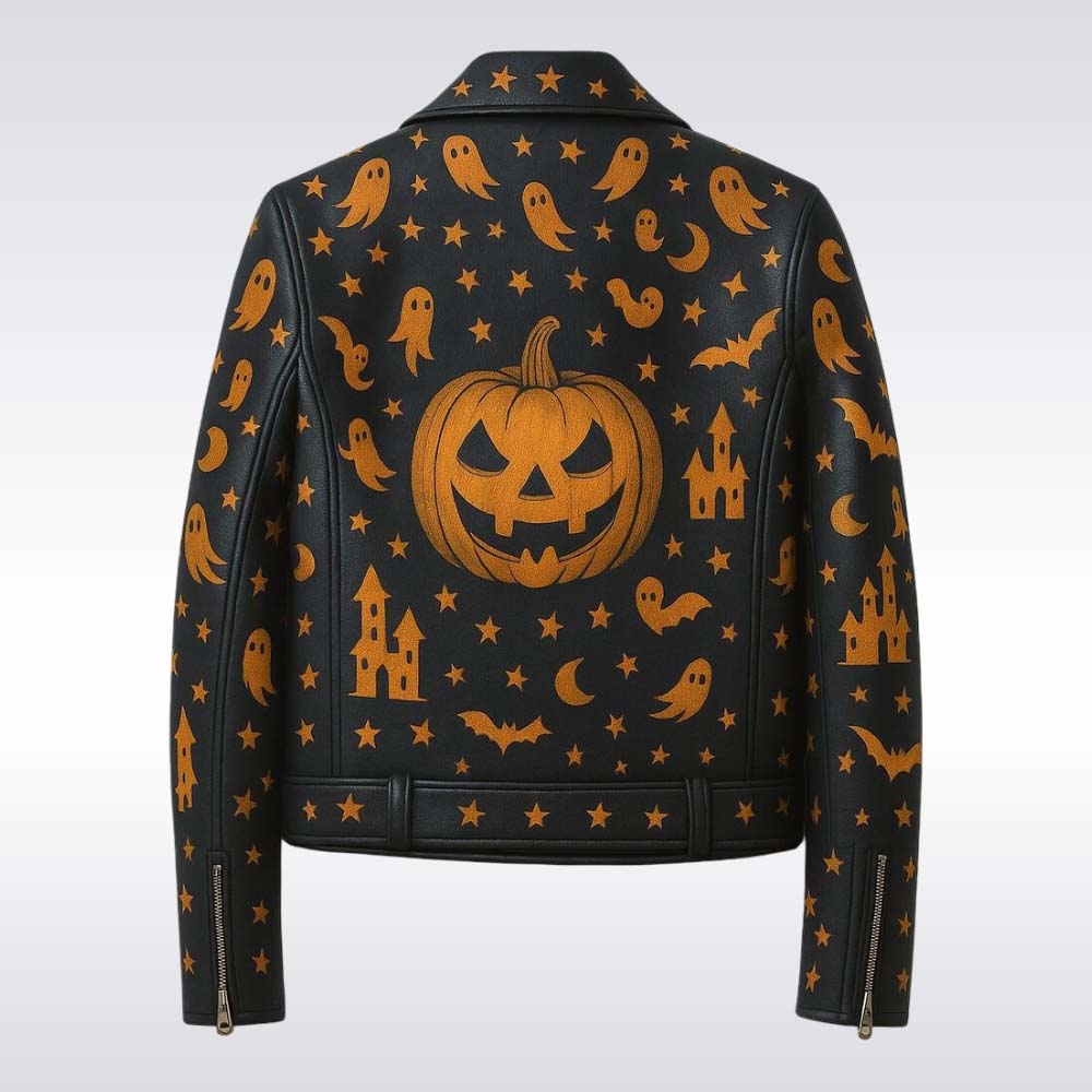 Black leather jacket with Halloween-themed orange patterns