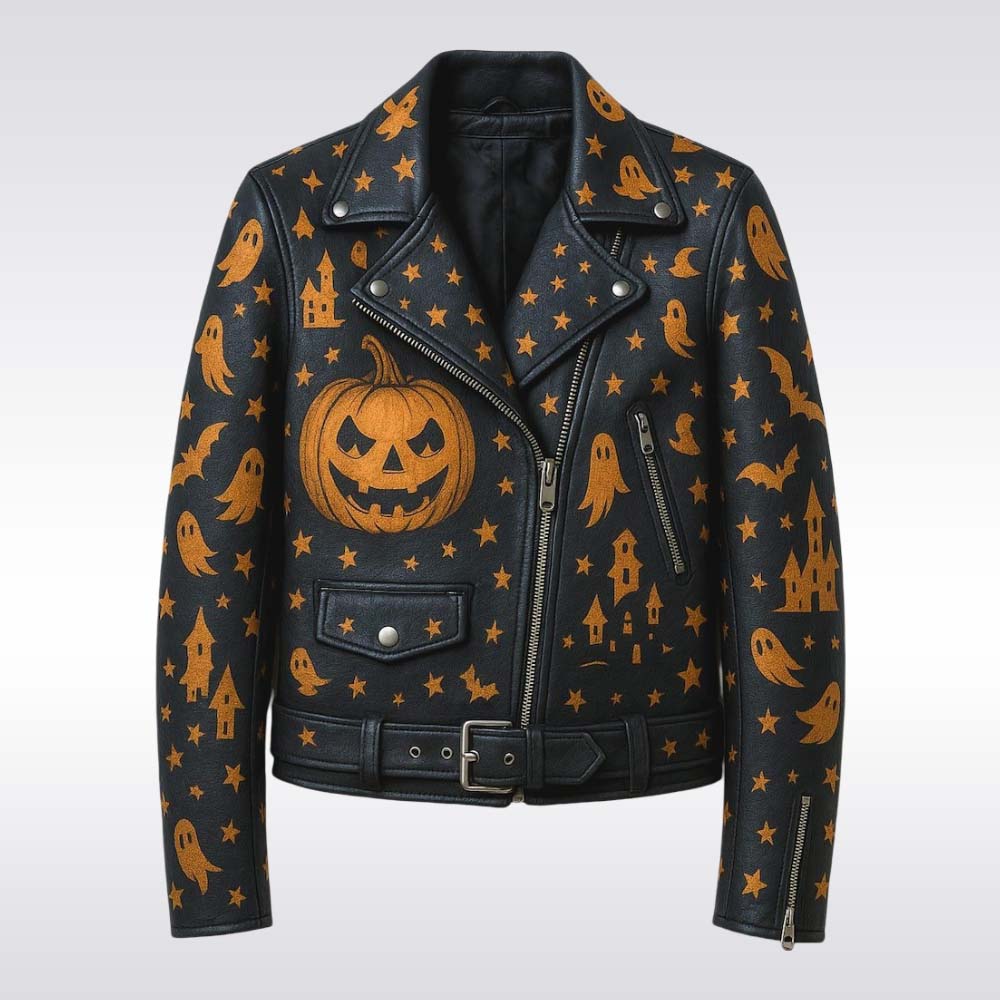 Haunted Rebel Halloween Leather Jacket – Ghost & Pumpkin Print