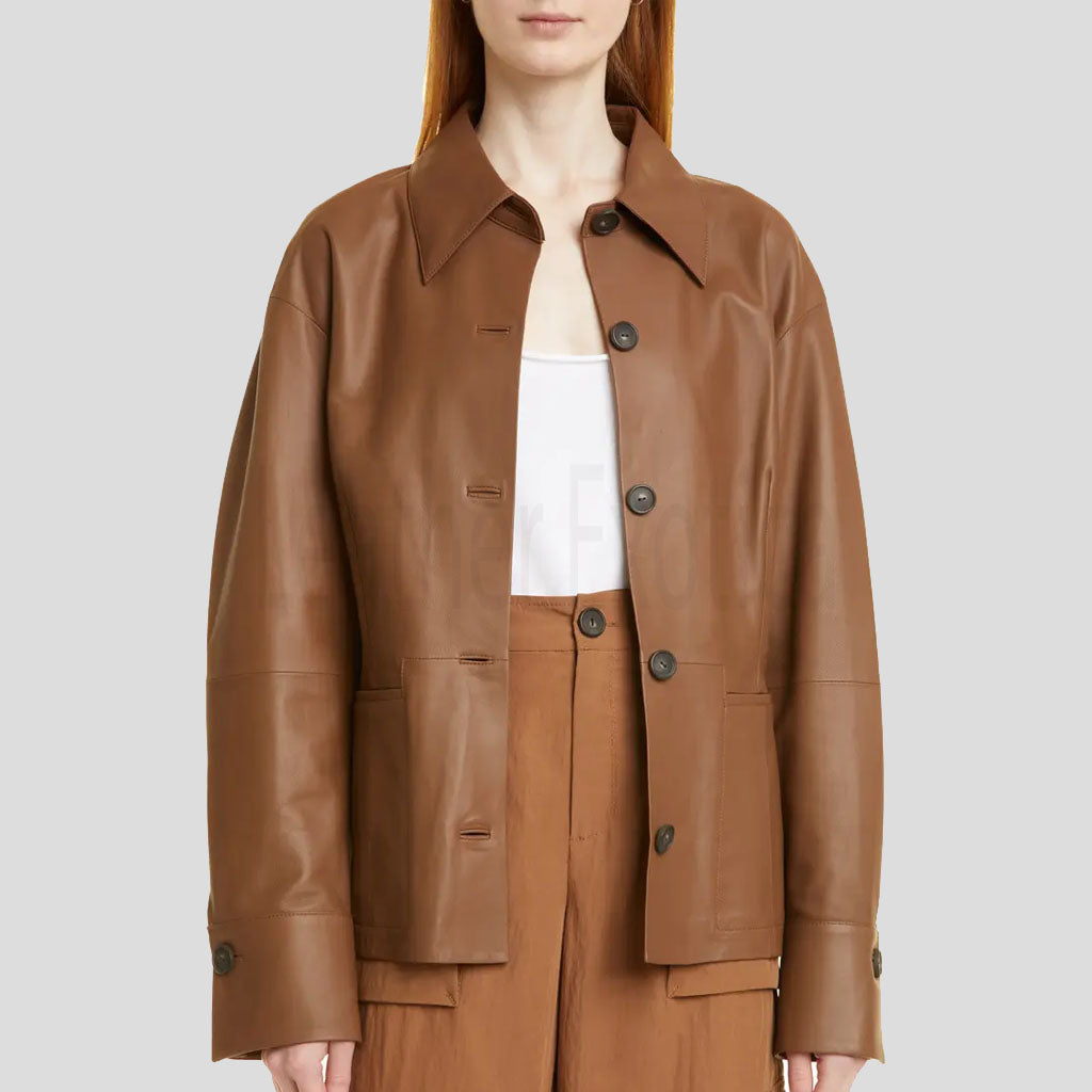 Hazelnut Brown Leather Shirt Jacket for Women