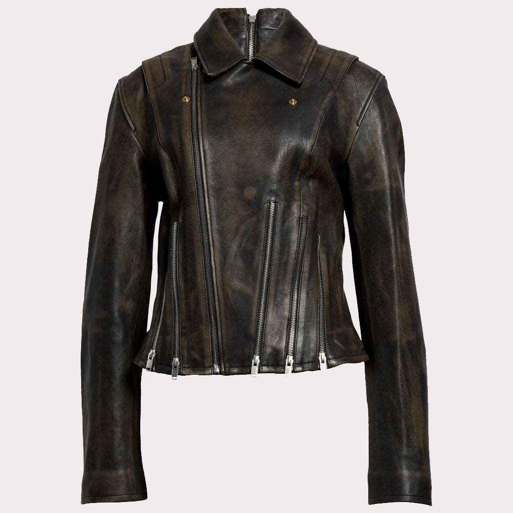 Distressed Black Leather Jacket with Zipper Detail for Women