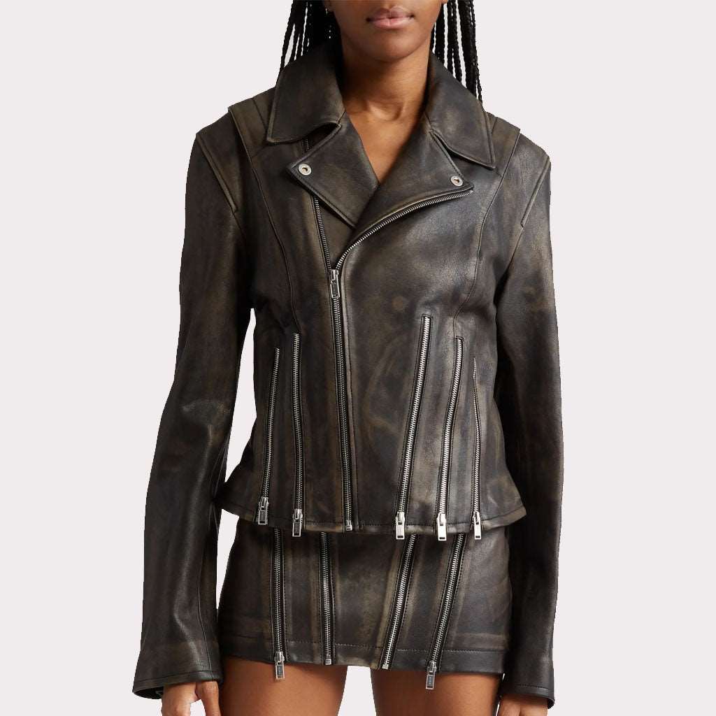 Distressed Black Women's Leather Jacket with Zipper Detail