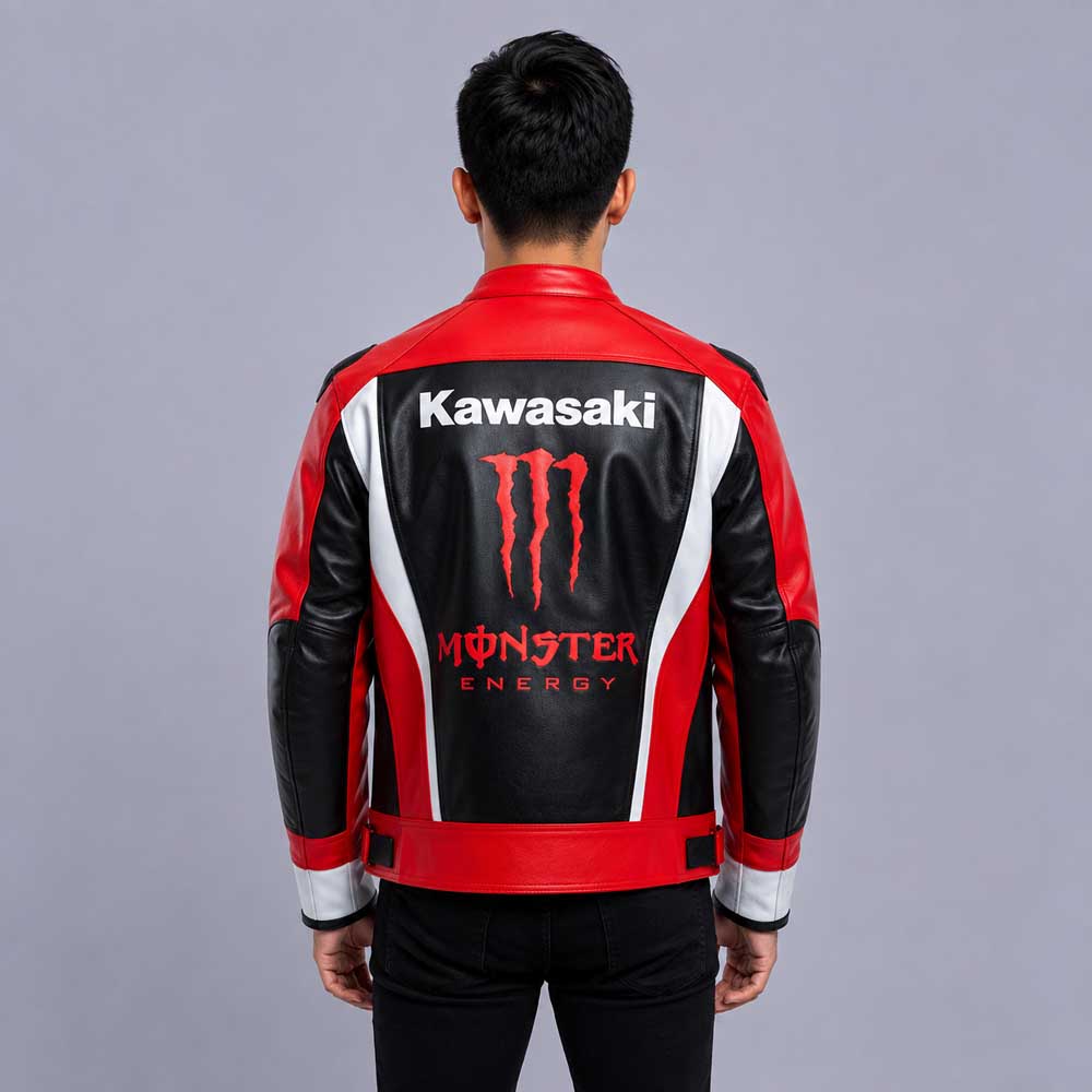 Genuine leather Kawasaki biker jacket for street and touring riders