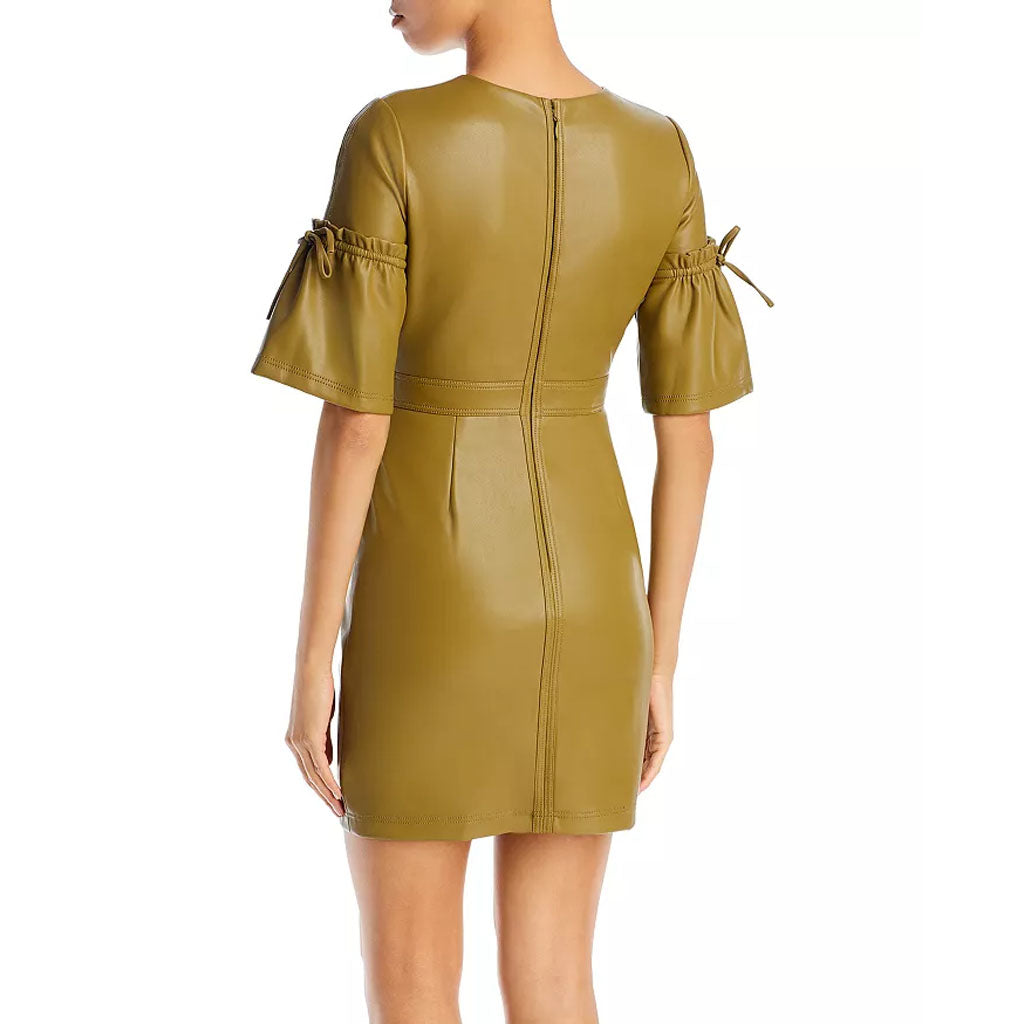 Khaki Bell Sleeves Mini Leather Dress for Women