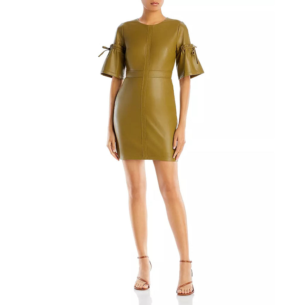 Khaki Bell Sleeves Mini Leather Dress for Women