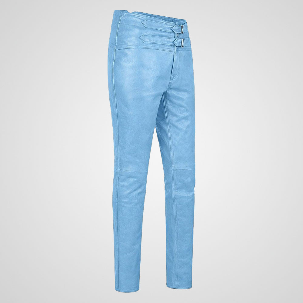 Slim fit light blue leather trousers with double buckle waist straps