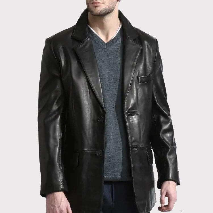 Elegant Long Black Leather Blazer Coat for Men
