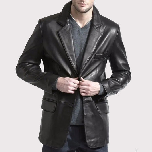 Long Black Leather Blazer Coat for Men