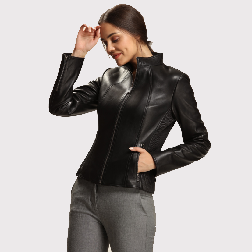 Luxurious Black Leather Jacket with Exquisite Design for Women