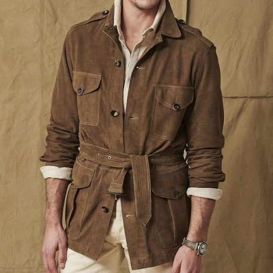 Luxury Suede Safari Jacket with Belt & Multiple Pockets