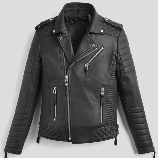 Men's Black Quilted Biker Leather Jacket - Stylish Design with Zippers