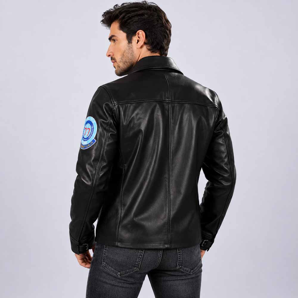 Men Black Sheepskin Leather Flight Jacket with Embroidered Aviation Patches
