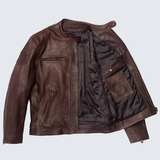 Men Brown Full Grain Lambskin Cafe Racer Jacket with Quilted Lining