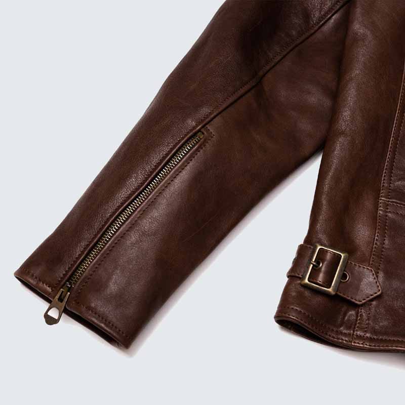 Men Brown Full Grain Lambskin Cafe Racer Jacket with Quilted Lining
