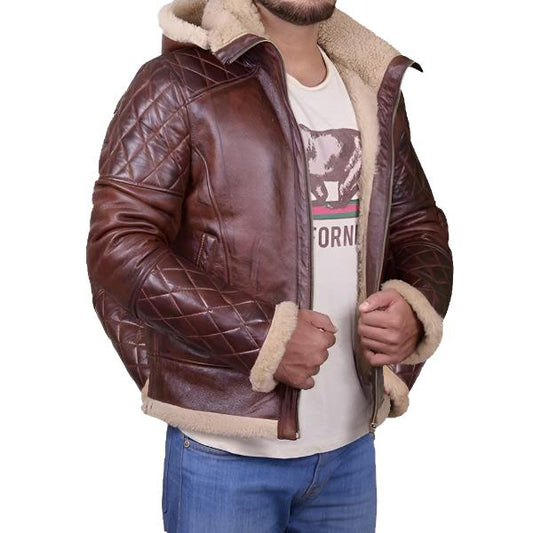 Men Brown Shearling Jacket with Hoodie