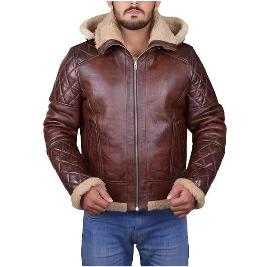 Men Brown Shearling Jacket with Hoodie Men Brown Shearling Jacket with Hoodie