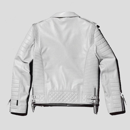 Men White Pearl Biker Leather Motorcycle Jacket - Stylish and Striking