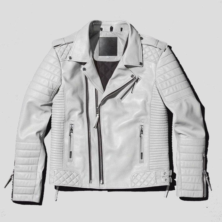 Men White Pearl Biker Leather Motorcycle Jacket - Stylish and Striking