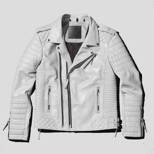 Men White Pearl Biker Leather Motorcycle Jacket - Stylish and Striking