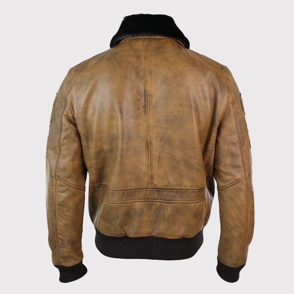 Men's Vintage Tan Aviator Flying Pilot Bomber Jacket with Removable Black Fur Collar