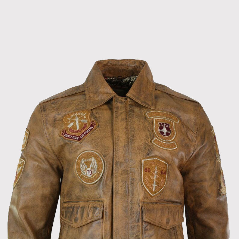 Men's Vintage Tan Aviator Flying Pilot Bomber Jacket with Removable Black Fur Collar