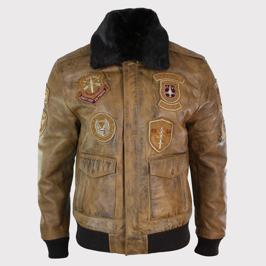 Men's Vintage Tan Aviator Flying Pilot Bomber Jacket with Removable Black Fur Collar