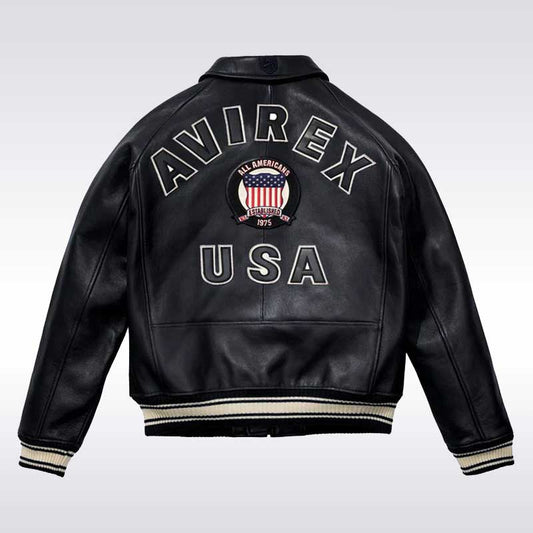 Men’s Avirex USA Black Leather Bomber Jacket with Patch