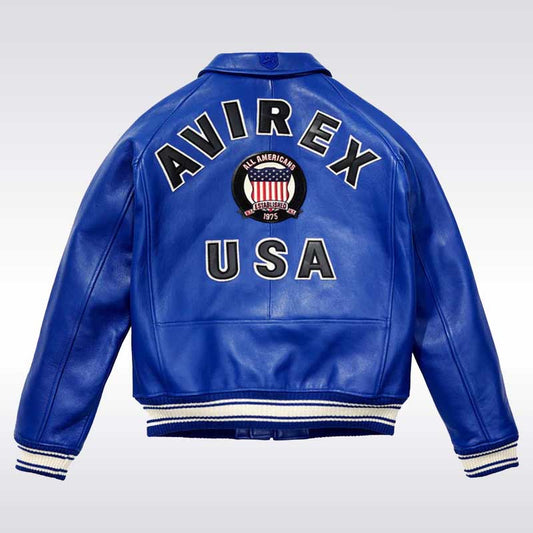 Men’s Avirex USA Mazarine Blue Leather Bomber Jacket
