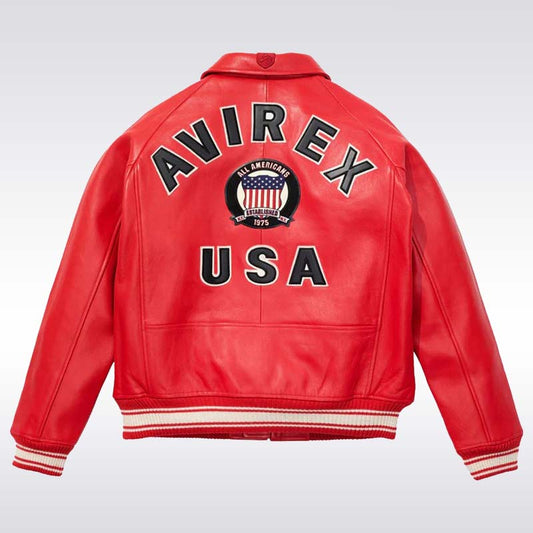 Men’s Avirex Red Leather Bomber Jacket with USA Patch