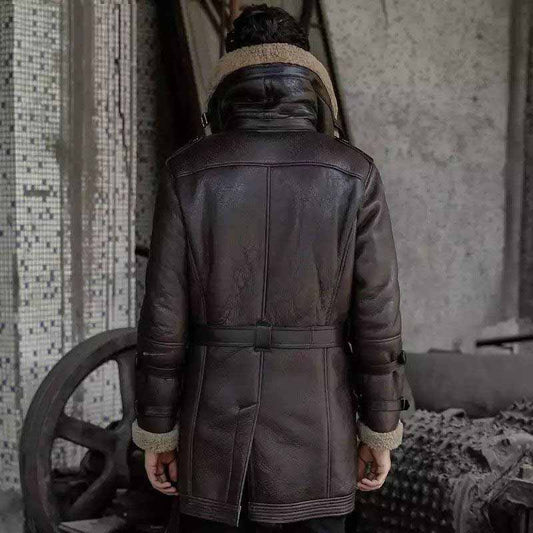 back view of brown B3 shearling long coat for men