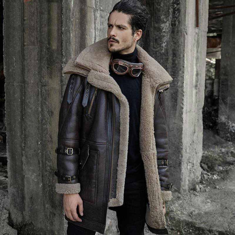 men’s brown shearling aviator fur long leather coat front view