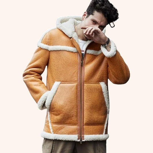 Men's Hooded B7 Sheepskin Shearling Bomber Coat in Yellow Men's Hooded B7 Sheepskin Shearling Bomber Coat in Yellow