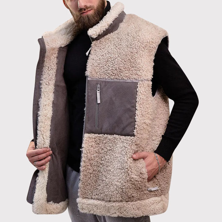 Men's Beige Sheepskin Vest with Wool Collar