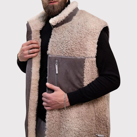 Men's Beige Sheepskin Vest with Wool Collar Men's Beige Sheepskin Vest with Wool Collar
