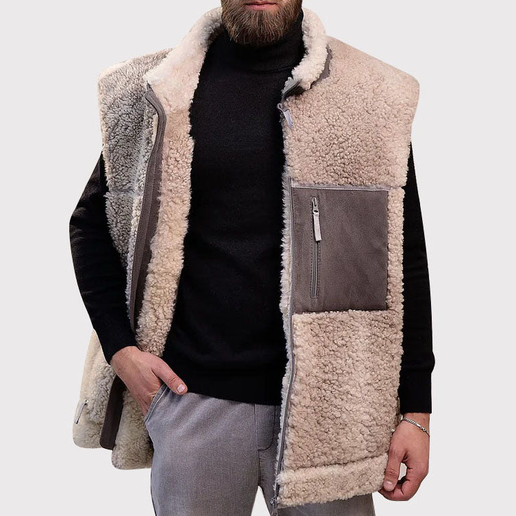 Men's Beige Sheepskin Vest with Wool Collar